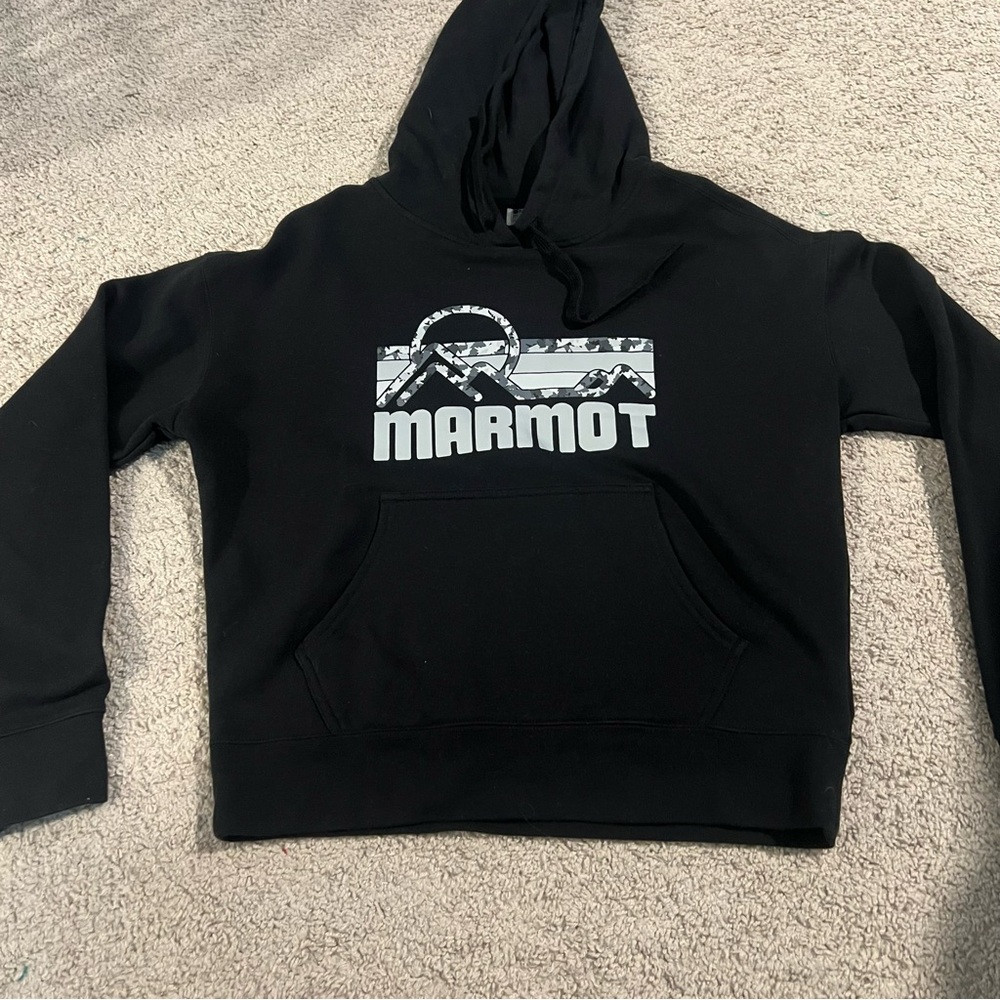 Marmot Black Hoodie M Gorpcore Outdoors Hiking Cozy Streetwear Logo cozy casual